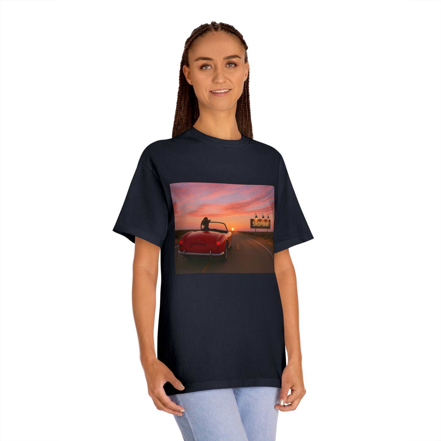 Retro Sunset Graphic Tee, Classic Car T-Shirt, Vintage Vibe Shirt, Unisex Casual Wear, Summer Road Trip Apparel, Gift for Car Lovers